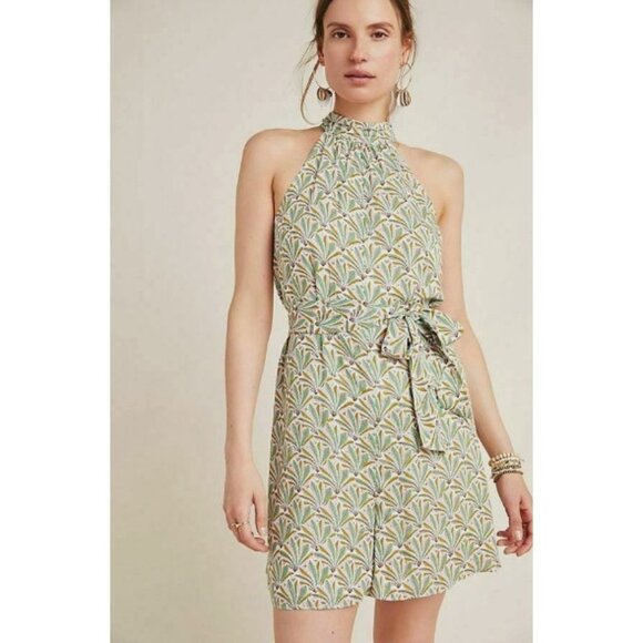 by Anthropologie Green Yellow Cream Fern Maddie Romper Sleeveless Belted Size XL - Picture 1 of 7